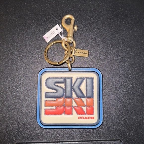 Coach Ski Patch Bag Charm Keychain Brass/Ivory/Orange Multi Smooth Leather NWT - Picture 9 of 12